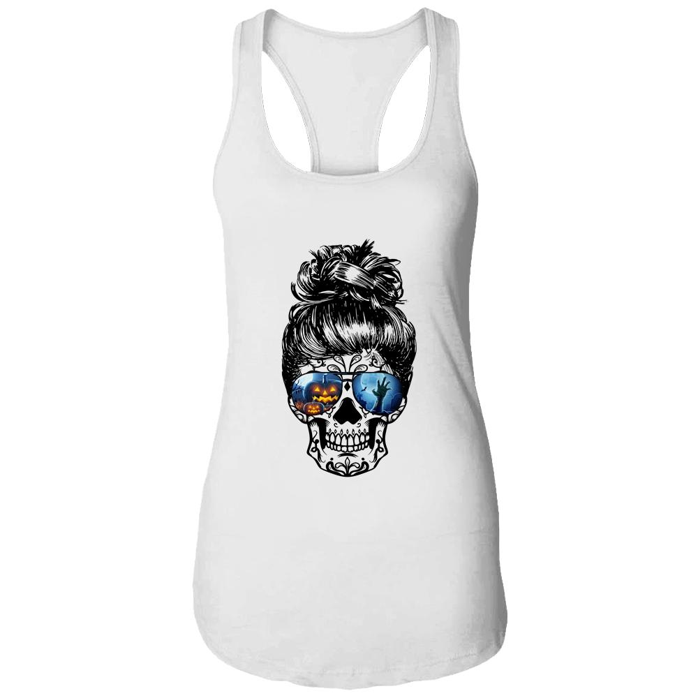 Messy Bun Skull Leopard Print Pumpkin Halloween Costume-T-Shirt & Tank Top-Women's Ideal Racerback Tank-White