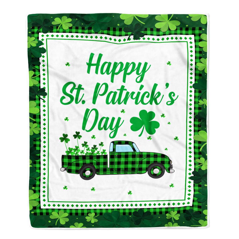 Happy St. Patrick's Day Truck With Green Shamrock Fleece Blanket-Blanket-