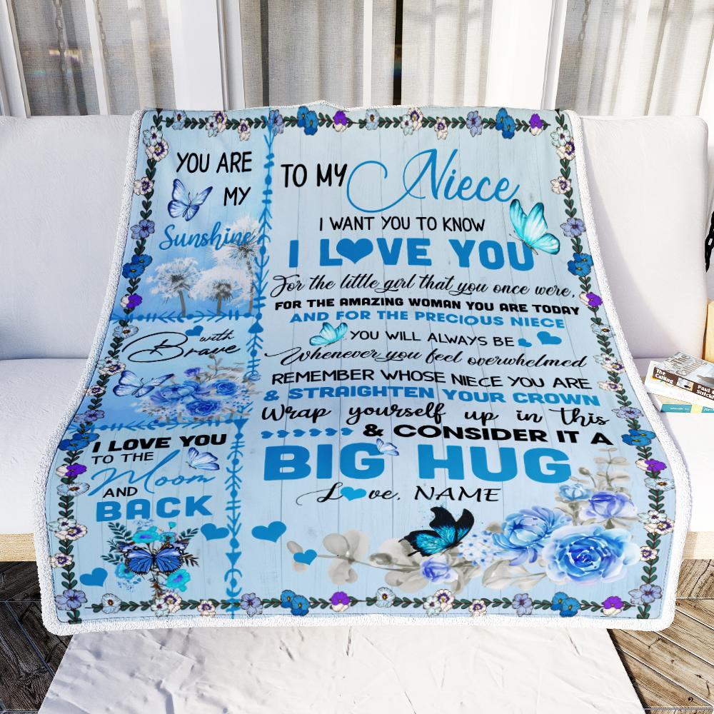 Personalized to My Niece Blanket from Aunt Auntie Uncle Give You A Big Love Hug Butterfly Birthday Thanksgiving Christmas Customized Fleece Blanket-Blanket-