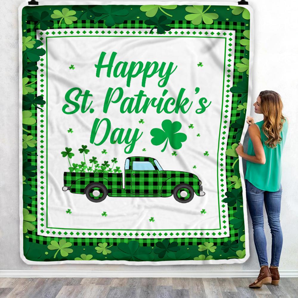 Happy St. Patrick's Day Truck With Green Shamrock Fleece Blanket-Blanket-