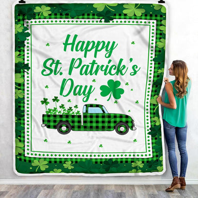 Happy St. Patrick's Day Truck With Green Shamrock Fleece Blanket-Blanket-