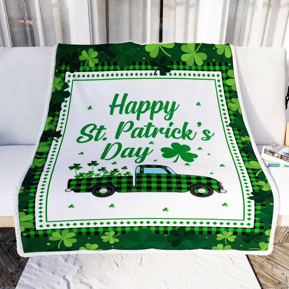 Happy St. Patrick's Day Truck With Green Shamrock Fleece Blanket-Blanket-