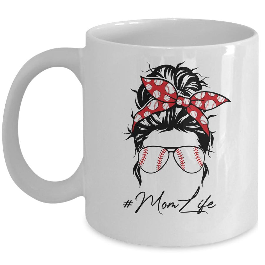 Mom Life Baseball Softball Women Mothers Day Messy Bun Mug-Coffee Mug-Mug-White