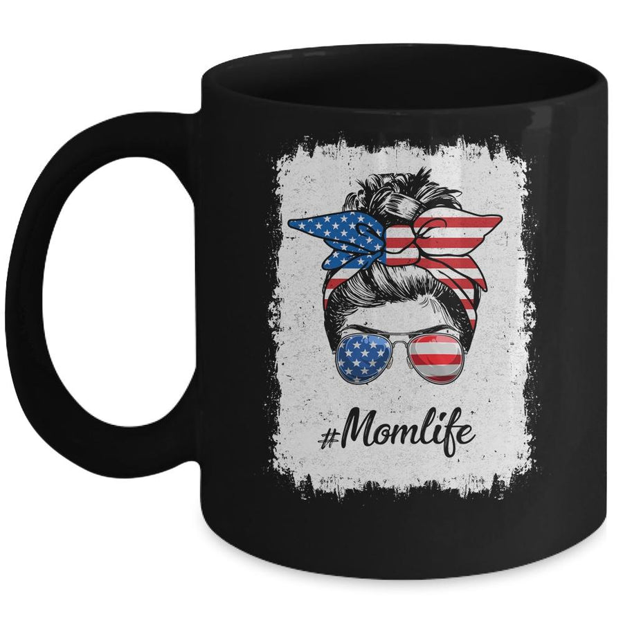 Mom Life Messy Bun America Flag Mothers Day 4th Of July Mug-Coffee Mug-Mug-Black