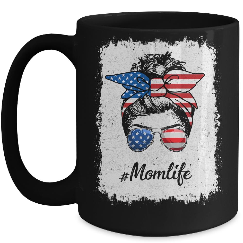 Mom Life Messy Bun America Flag Mothers Day 4th Of July Mug-Coffee Mug-Mug-Black