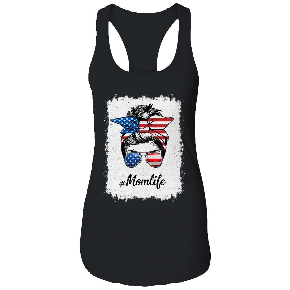 Mom Life Messy Bun America Flag Mothers Day 4th Of July-T-Shirt & Tank Top-Women's Ideal Racerback Tank-Black