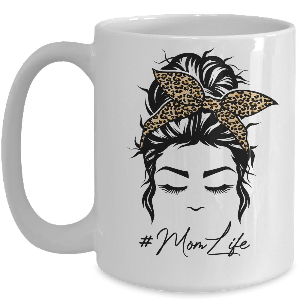 Mom Life Messy Bun Hair Bandana Leopard Print Mug-Coffee Mug-Mug-White