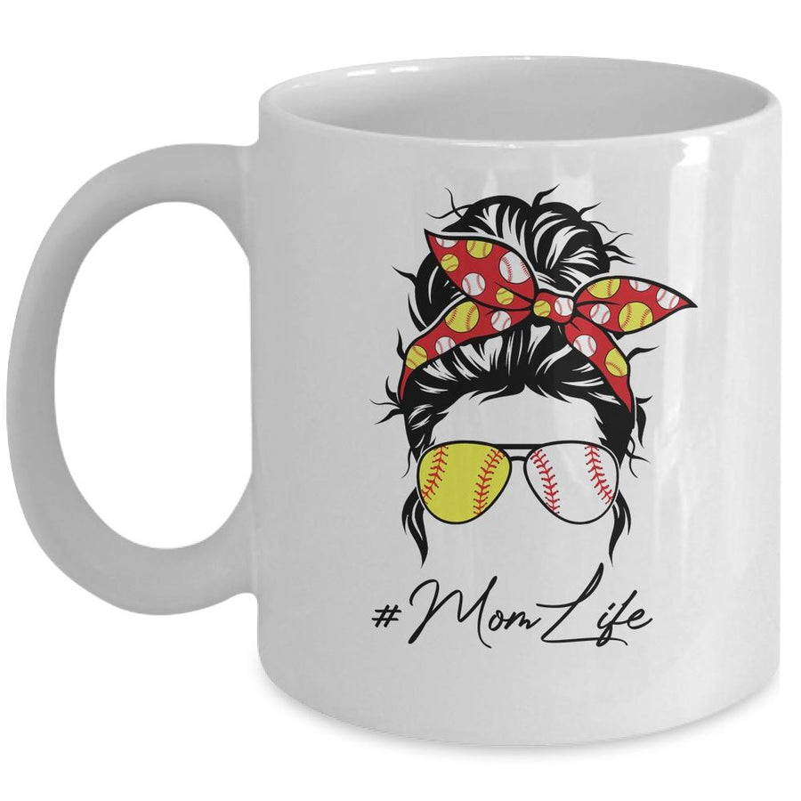 Mom Life Softball Baseball Women Mothers Day Messy Bun Funny Mug-Coffee Mug-Mug-White