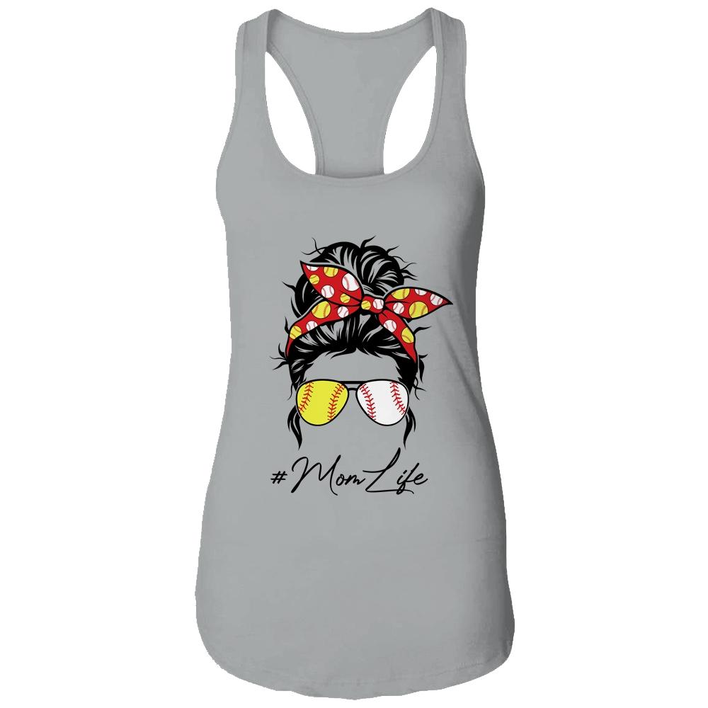 Mom Life Softball Baseball Women Mothers Day Messy Bun Funny-T-Shirt & Tank Top-Women's Ideal Racerback Tank-Heather Grey