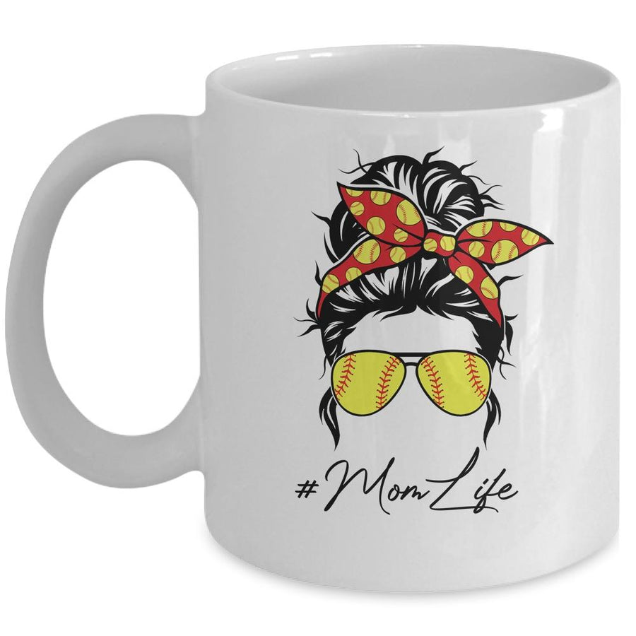 Mom Life Softball Baseball Women Mothers Day Messy Bun Mug-Coffee Mug-Mug-White