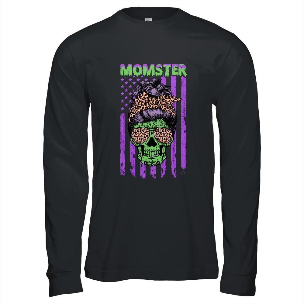 Momster Salty Skull Mom Leopard Halloween Gift Boy Kid Girl-T-Shirt & Hoodie-Long Sleeve T-Shirt-Black