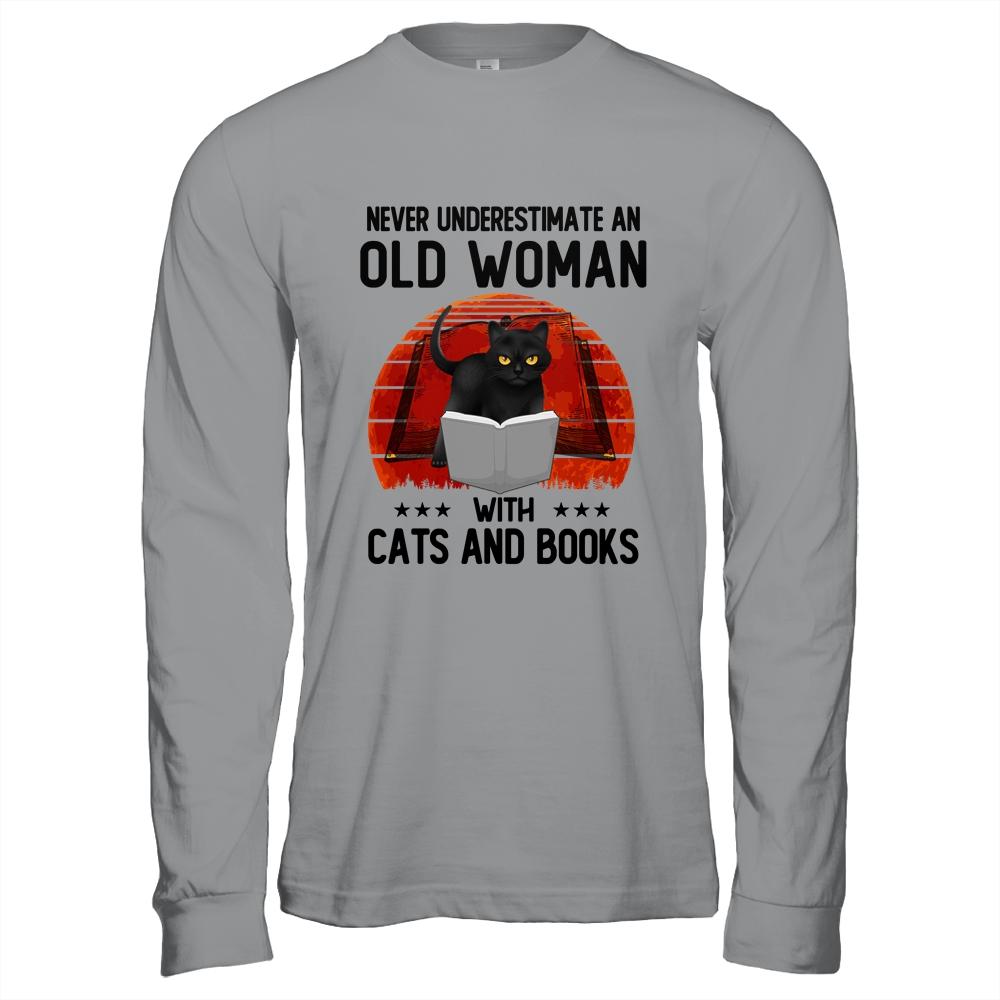 Never Underestimate An Old Man With Cats And Books-T-Shirt & Hoodie-Long Sleeve T-Shirt-Sport Grey