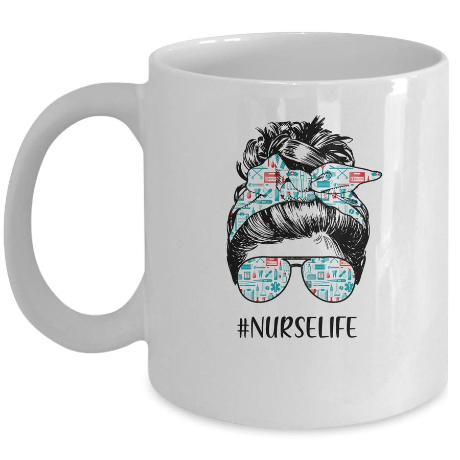 Nurse Life Funny Messy Bun Hair Glasses Mug-Coffee Mug-Mug-White