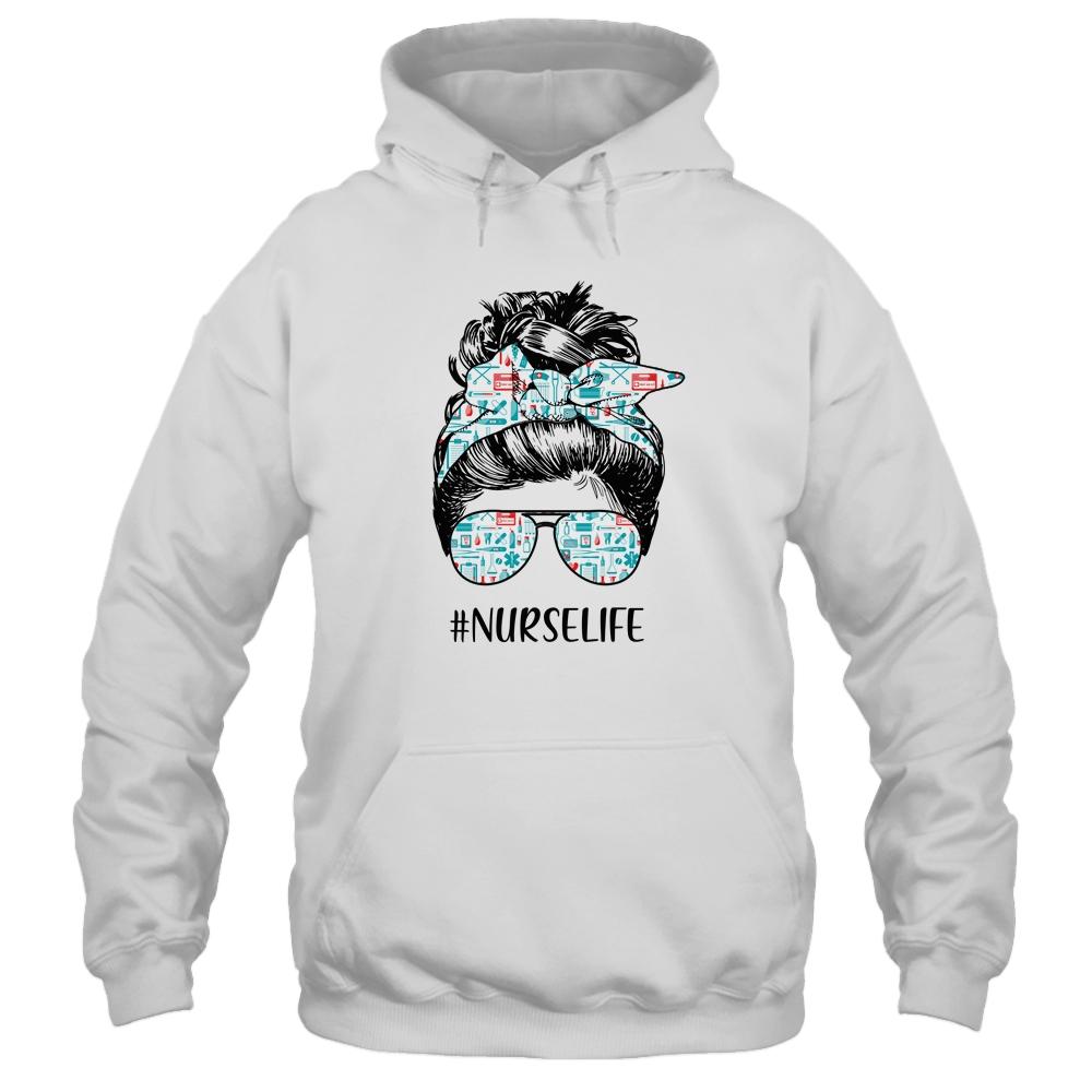 Nurse Life Funny Messy Bun Hair Glasses-T-Shirt & Tank Top-Pullover Hoodie-White