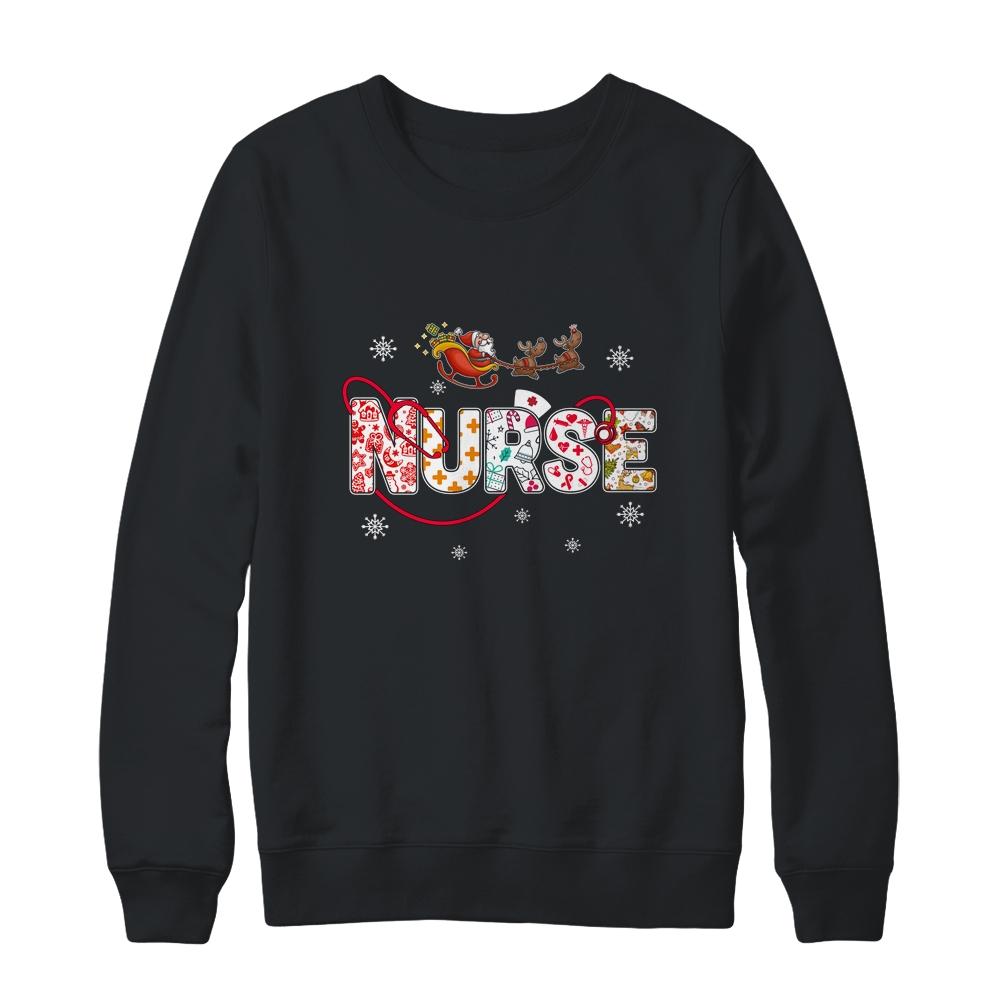 Nurse Stethoscope Christmas Tree Nursing Gift-T-Shirt & Sweatshirt-Crewneck Sweatshirt-Black