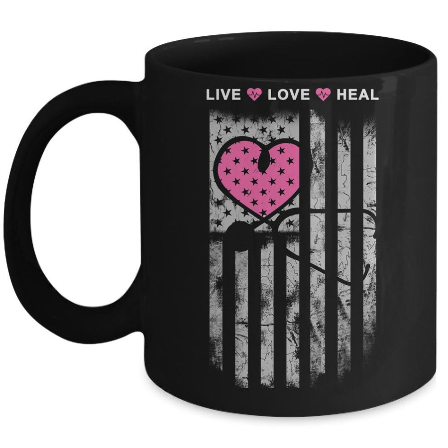 Nursing Nurse Heart Flag American Live Love Heal Mug-Coffee Mug-Mug-Black