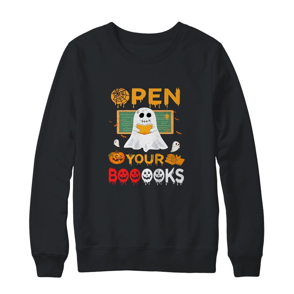 Open Your Booooks Funny Reading Book Teacher Halloween-T-Shirt & Sweatshirt-Crewneck Sweatshirt-Black