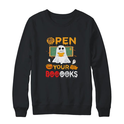 Open Your Booooks Funny Reading Book Teacher Halloween-T-Shirt & Sweatshirt-Crewneck Sweatshirt-Black