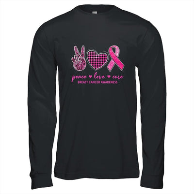 Peace Love Cure Leopard Pink Plaid Breast Cancer Awareness-T-Shirt & Hoodie-Long Sleeve T-Shirt-Black