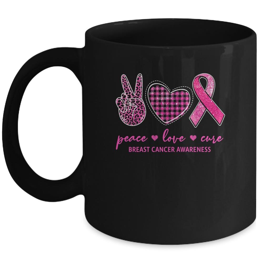 Peace Love Cure Leopard Pink Plaid Breast Cancer Awareness Mug
