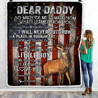 Personalized Dear Daddy Blanket From Son Little Boy Usa Flag Thank You I Love You Dad Deer Father's Day Birthday Christmas Customized Fleece Blanket-Blanket-