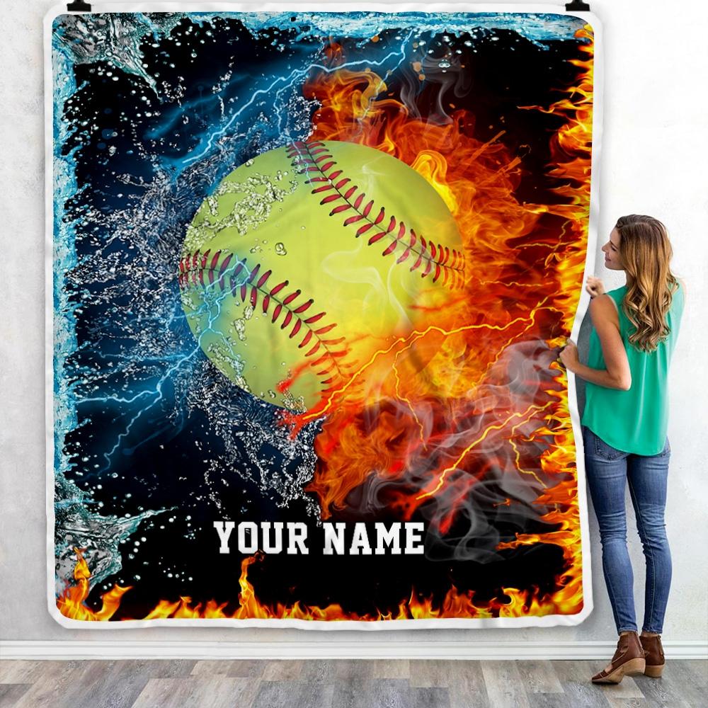 Personalized Softball Blanket Fire Water A Nice Night American Flag Printed 3D Sport Lover Kids Men Women Birthday Christmas Customized Fleece Blanket-Blanket-