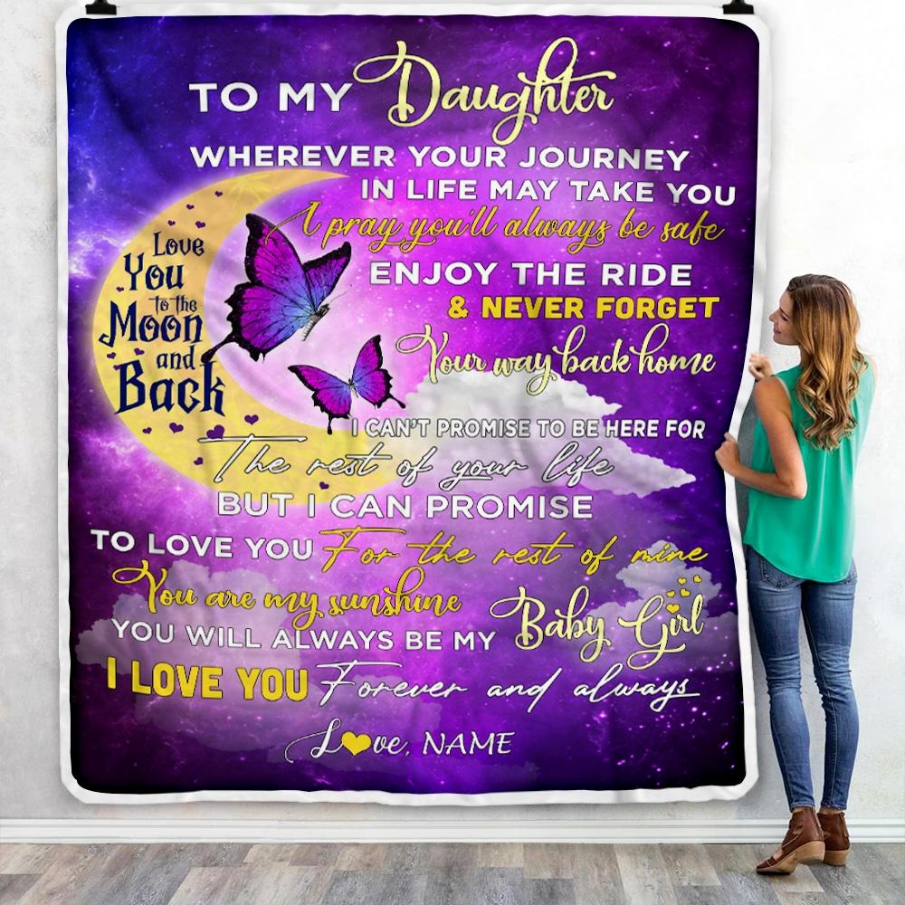 Personalized To My Daughter Blanket From Mom Love You To The Moon And Back Butterfly Daughter Birthday Christmas Customized Fleece Blanket-Blanket-