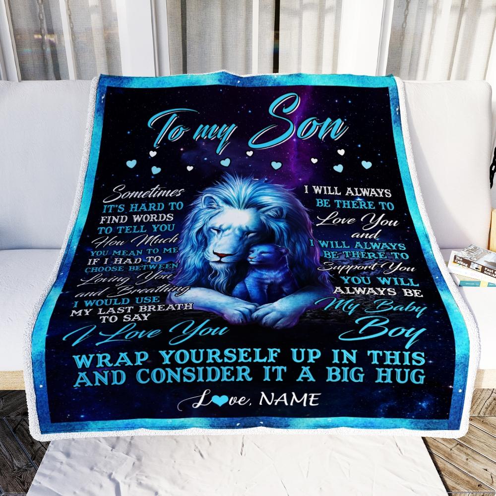 Personalized To My Son Blanket from Dad Lion Sometimes It's Hard to Find Words Son Birthday Christmas Customized Fleece Blanket-Blanket-