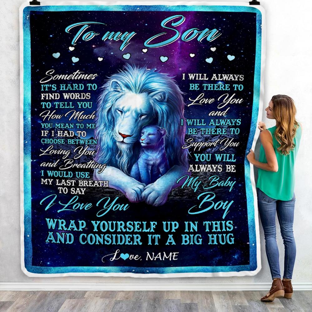 Personalized To My Son Blanket from Dad Lion Sometimes It's Hard to Find Words Son Birthday Christmas Customized Fleece Blanket-Blanket-