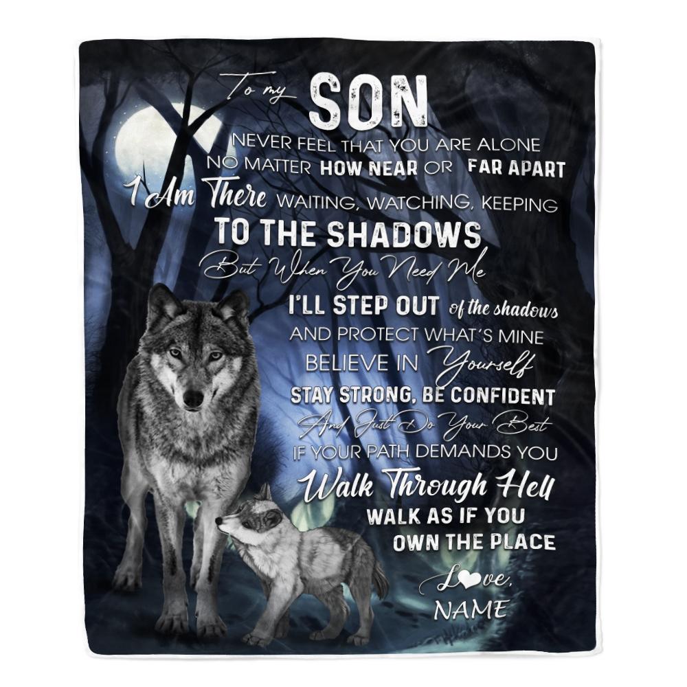 Personalized To My Son from Mom Blanket Never Feel You Are Alone Wolf Moon Night Dark Forest Family Love Son Birthday Christmas Customized Fleece Blanket-Blanket-Fleece Blanket-30 x 40 Inches - Baby Size