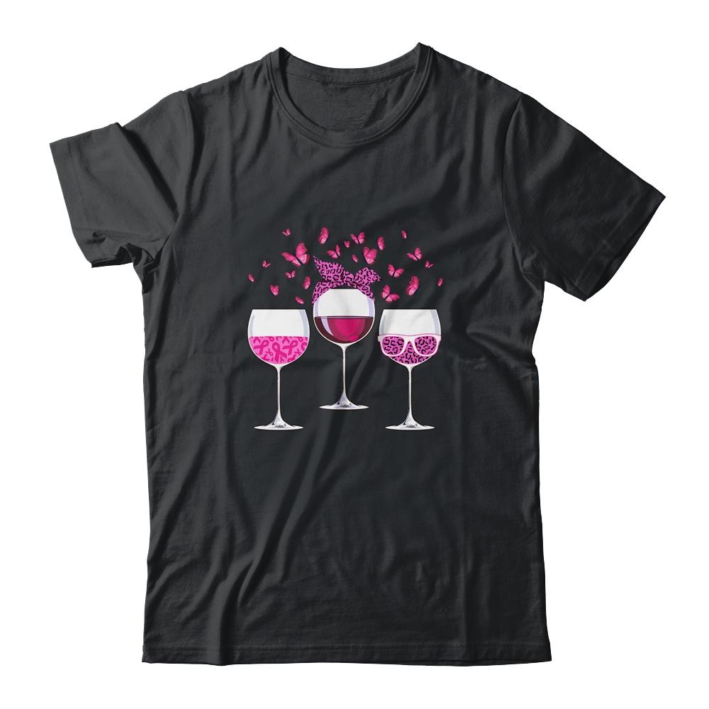Pink Ribbon Wine Glass Butterfly Breast Cancer Awareness-T-Shirt & Hoodie-Classic T-Shirt-Black