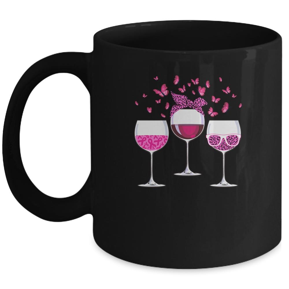Pink Ribbon Wine Glass Butterfly Breast Cancer Awareness Mug-Coffee Mug-Mug-Black