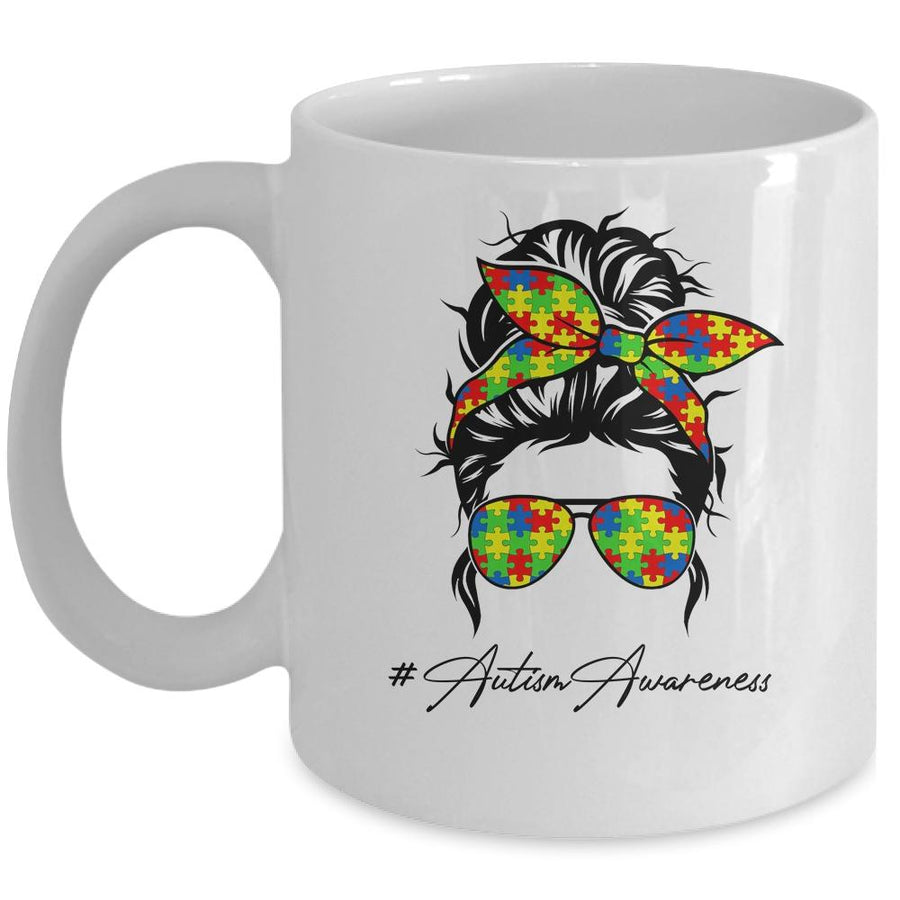 Proud Autism Mom Messy Bun Girl Puzzle Piece Mother's Day Mug-Coffee Mug-Mug-White