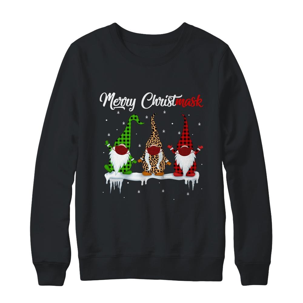 Quarantine Christmas Gnomes Wear Mask Buffalo Plaid Leopard-T-Shirt & Sweatshirt-Crewneck Sweatshirt-Black
