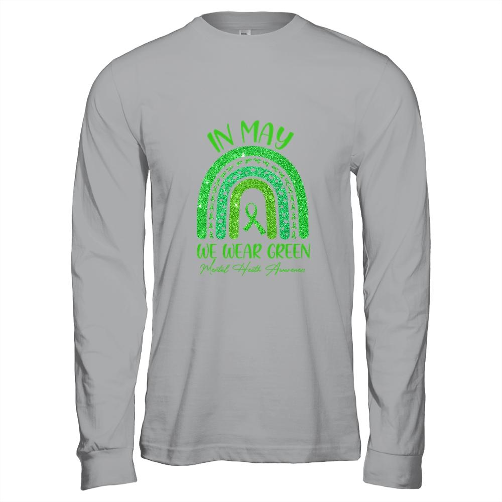 Rainbow In May We Wear Green Ribbon Mental Health Awareness-T-Shirt & Hoodie-Long Sleeve T-Shirt-Sport Grey