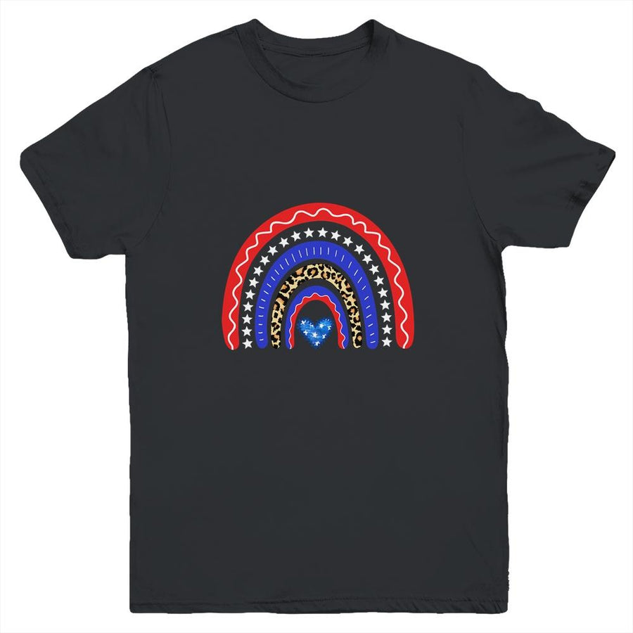 Rainbow Leopard American Flag 4th Of July Kids Boys Girls Youth-Youth Shirt-Youth T-Shirt-Black