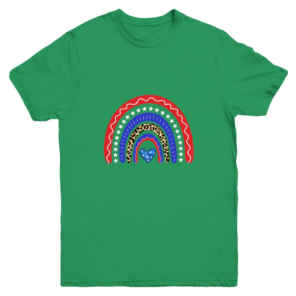 Rainbow Leopard American Flag 4th Of July Kids Boys Girls Youth-Youth Shirt-Youth T-Shirt-Irish Green