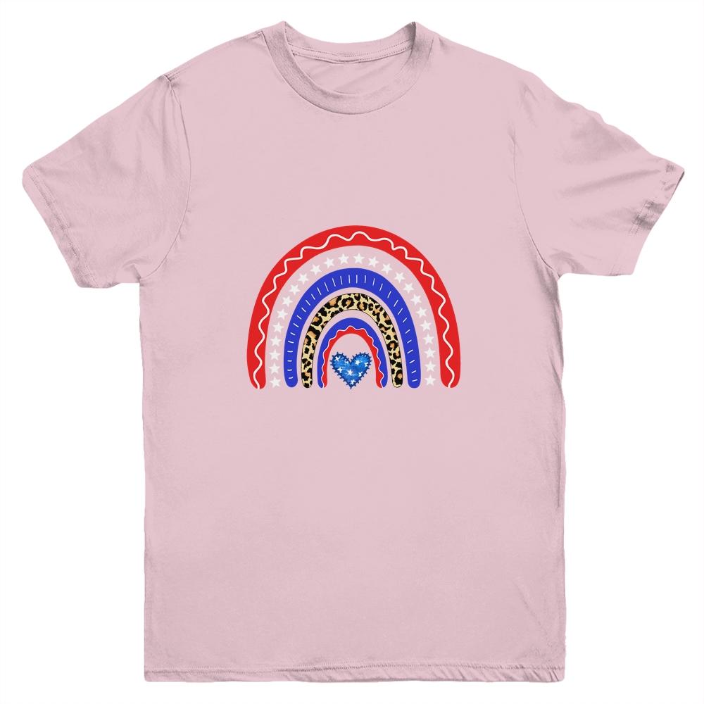 Rainbow Leopard American Flag 4th Of July Kids Boys Girls Youth-Youth Shirt-Youth T-Shirt-Light Pink