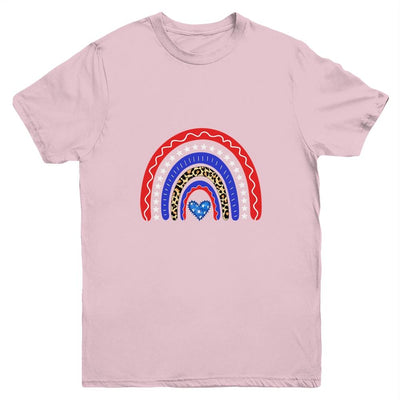 Rainbow Leopard American Flag 4th Of July Kids Boys Girls Youth-Youth Shirt-Youth T-Shirt-Light Pink