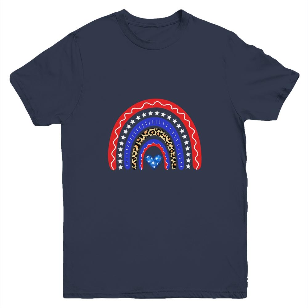 Rainbow Leopard American Flag 4th Of July Kids Boys Girls Youth-Youth Shirt-Youth T-Shirt-Navy