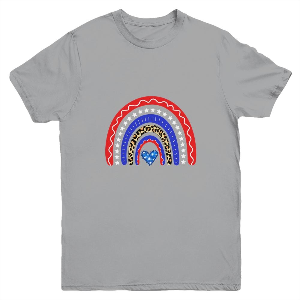Rainbow Leopard American Flag 4th Of July Kids Boys Girls Youth-Youth Shirt-Youth T-Shirt-Sport Grey