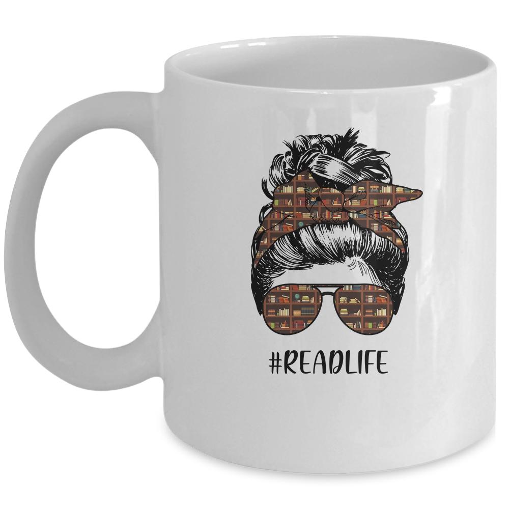 Read More Books Teacher Messy Bun Life Hair Glasses Reading Mug-Coffee Mug-Mug-White