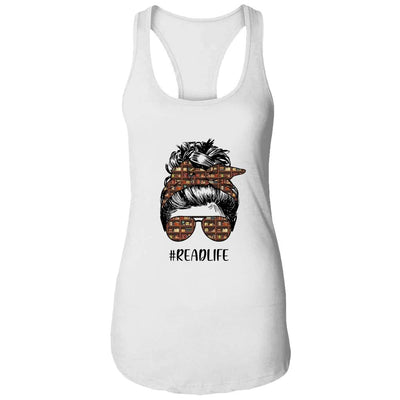 Read More Books Teacher Messy Bun Life Hair Glasses Reading-T-Shirt & Tank Top-Women's Ideal Racerback Tank-White