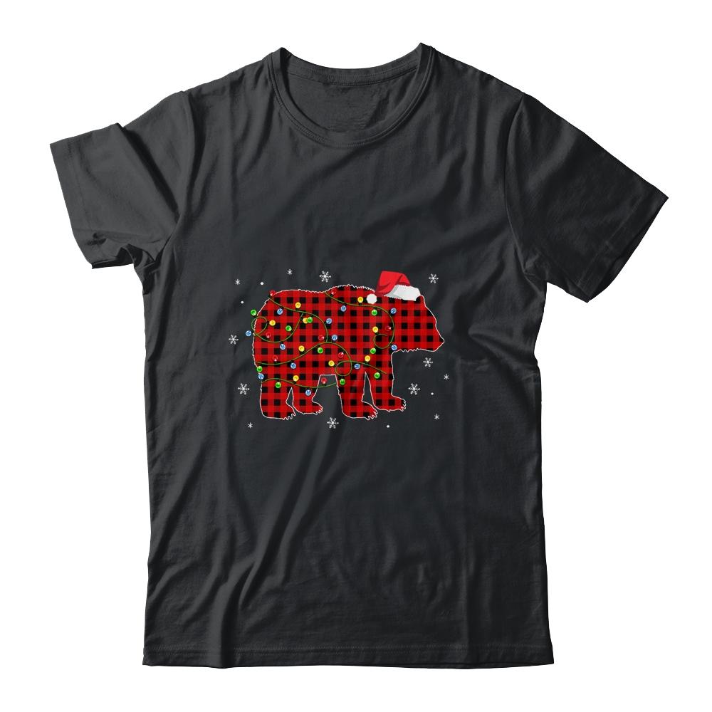 Red Plaid Bear Christmas Lights Santa Hat Pajamas-T-Shirt & Sweatshirt-Classic T-Shirt-Black