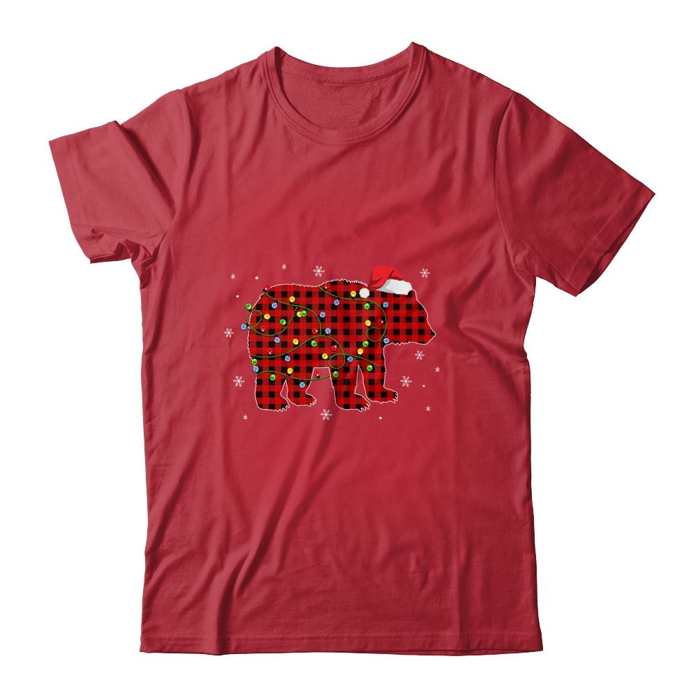 Red Plaid Bear Christmas Lights Santa Hat Pajamas-T-Shirt & Sweatshirt-Classic T-Shirt-Red
