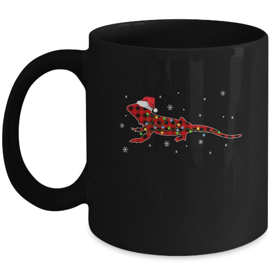 Red Plaid Bearded Dragon Christmas Lights Santa Hat Pajamas Mug-Coffee Mug-Mug-Black