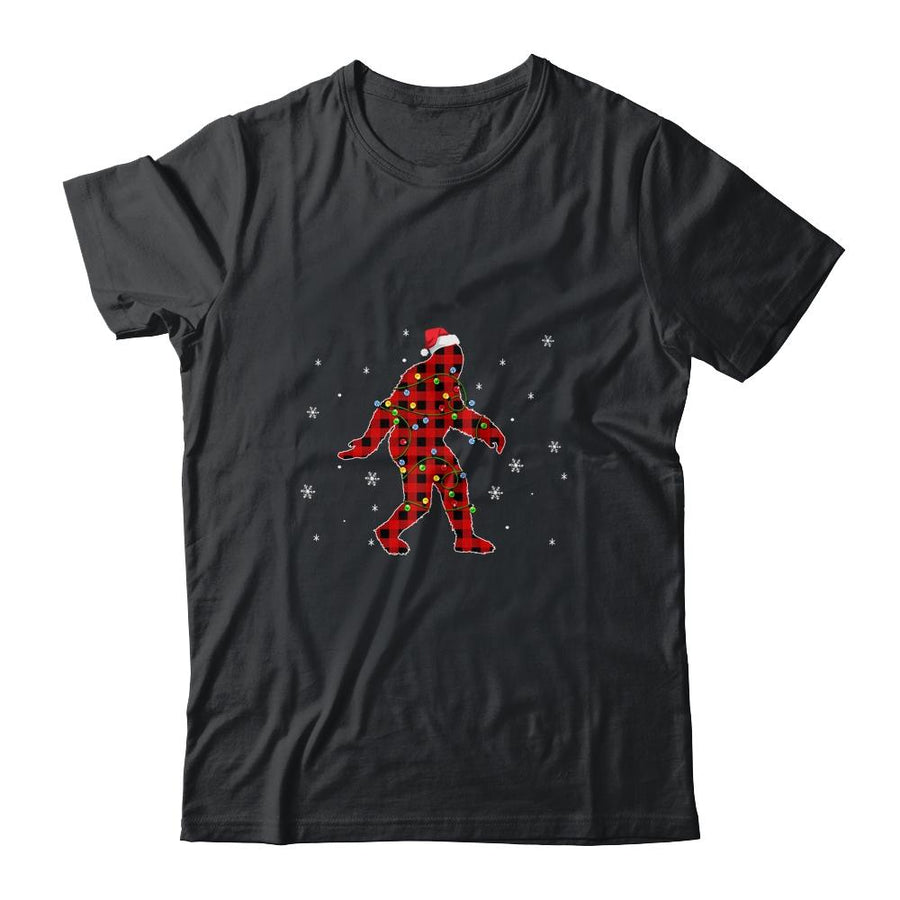 Red Plaid Bigfoot Christmas Lights Santa Hat Pajamas-T-Shirt & Sweatshirt-Classic T-Shirt-Black