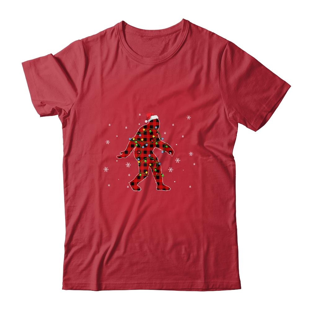Red Plaid Bigfoot Christmas Lights Santa Hat Pajamas-T-Shirt & Sweatshirt-Classic T-Shirt-Red