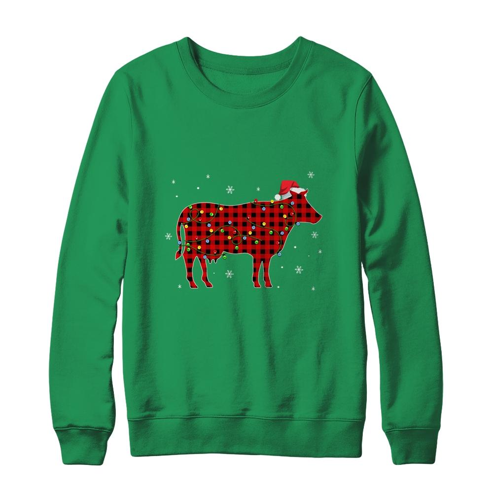 Red Plaid Cow Christmas Lights Santa Hat Pajamas-T-Shirt & Sweatshirt-Crewneck Sweatshirt-Irish Green