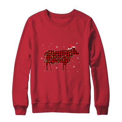 Red Plaid Cow Christmas Lights Santa Hat Pajamas-T-Shirt & Sweatshirt-Crewneck Sweatshirt-Red